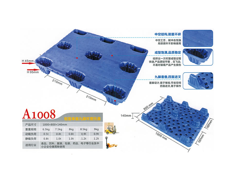單麵九腳（jiǎo）型A1008<br> 單麵九腳吹塑卡板 <br>1000*800*140mm